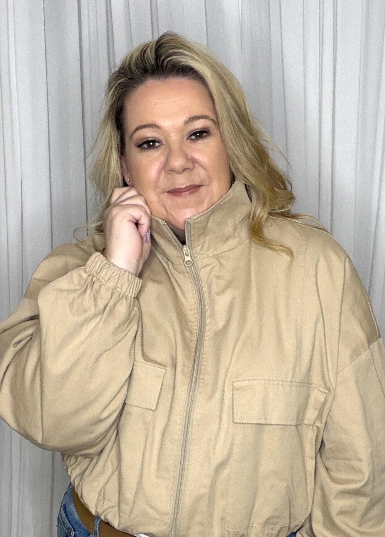 Latte Funnel Neck Bomber Jacket